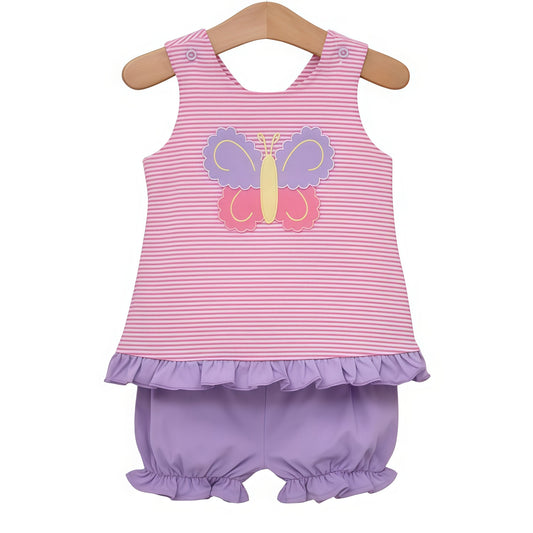 (Pre-order)GSSO3138  Butterfly Stripes Top Purple Shorts Girls Summer Clothes Set