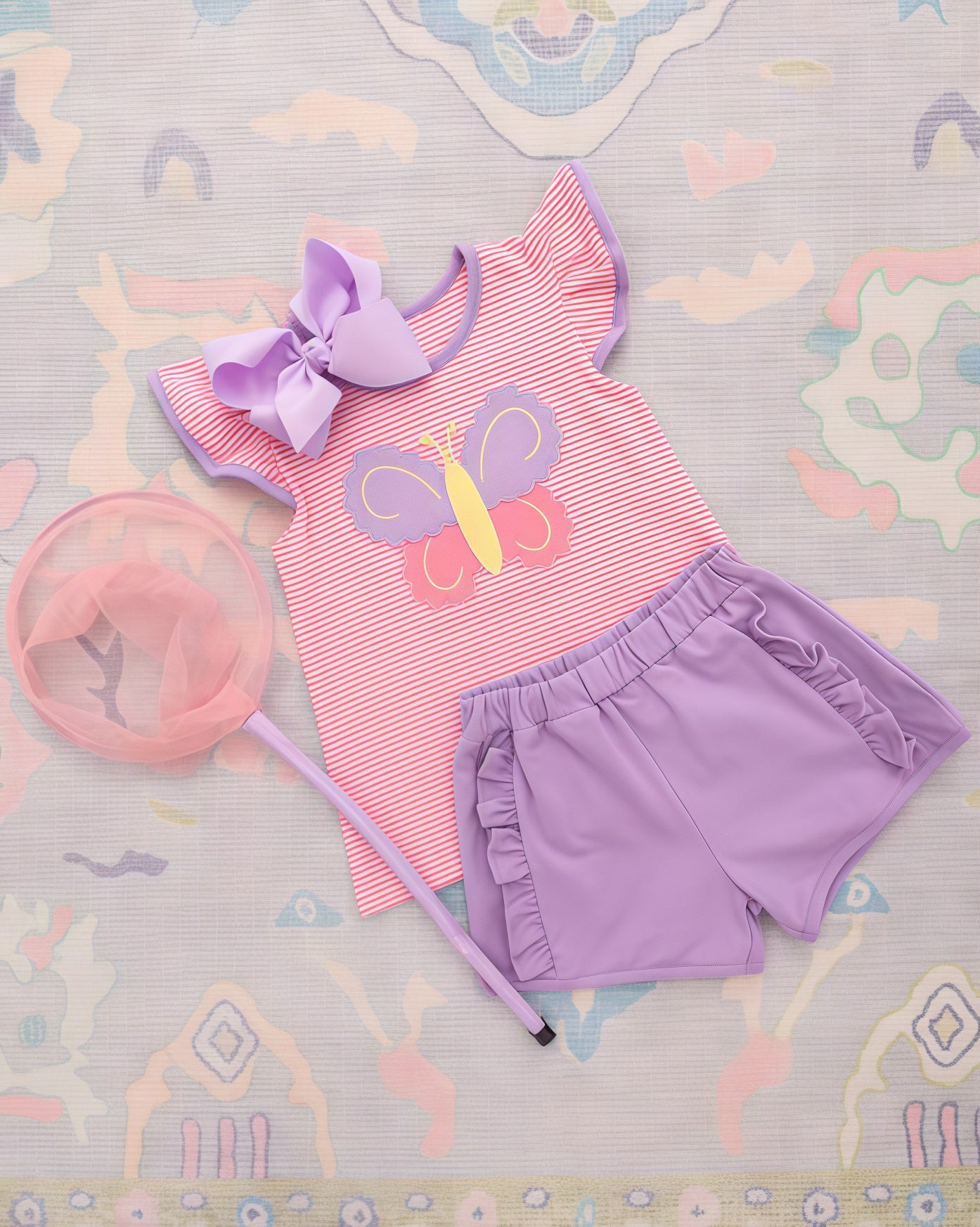(Pre-order)GSSO3139  Butterfly Stripes Top Purple Ruffle Shorts Girls Summer Clothes Set