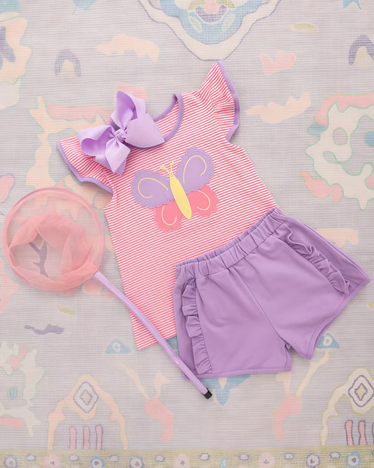 (Pre-order)GSSO3139  Butterfly Stripes Top Purple Ruffle Shorts Girls Summer Clothes Set