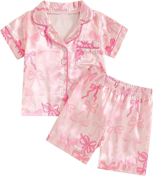 (Pre-order)GSSO3140 Pink Bows Print Girls Summer Button Pajamas Clothes Set
