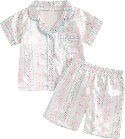(Pre-order)GSSO3142 Pink Bows Small Flowers Print Girls Summer Button Pajamas Clothes Set