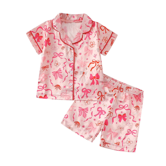 (Pre-order)GSSO3143 Pink Bows Print Girls Summer Button Pajamas Clothes Set