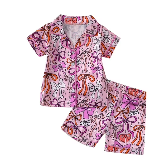 (Pre-order)GSSO3144 Pink Bows Print Girls Summer Button Pajamas Clothes Set