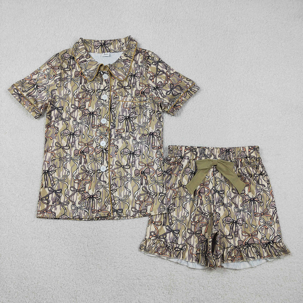 GSSO3166  Adult Camo Bows Print Woman Summer Buttons Pajamas Clothes Set