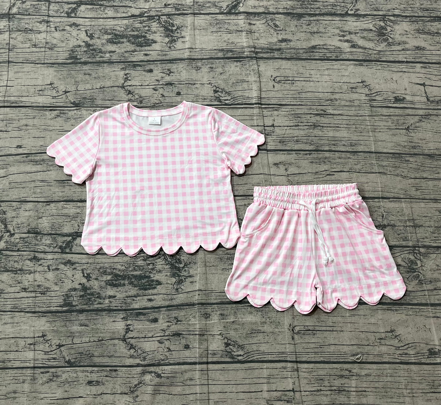 (Pre-order)GSSO3183  Pink Plaid Print Girls Summer Clothes Set