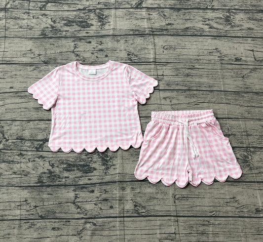 (Pre-order)GSSO3183  Pink Plaid Print Girls Summer Clothes Set