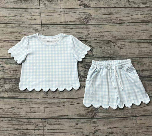 (Pre-order)GSSO3184  Blue Plaid Print Girls Summer Clothes Set
