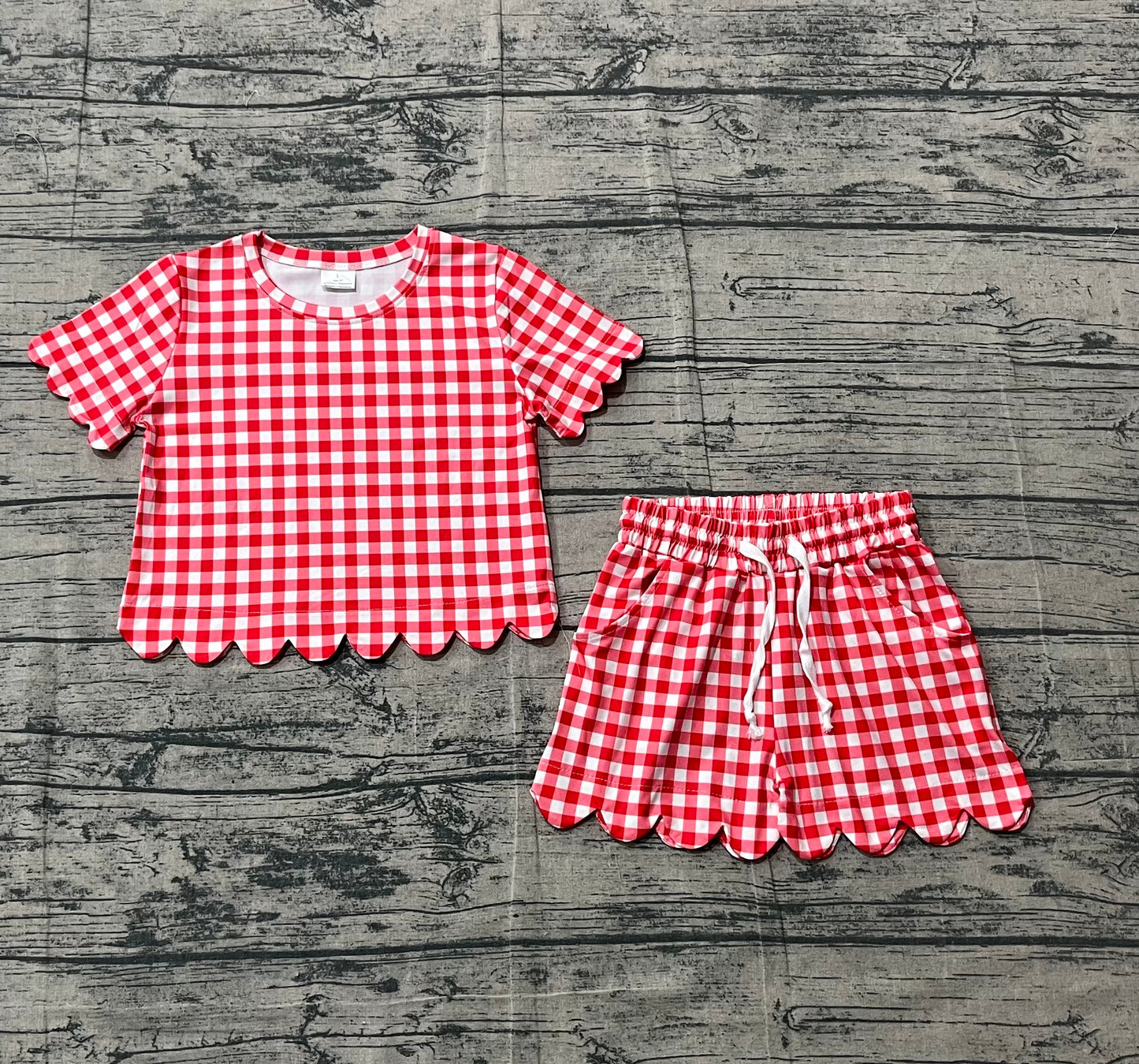 (Pre-order)GSSO3187  Red Plaid Print Girls Summer Clothes Set