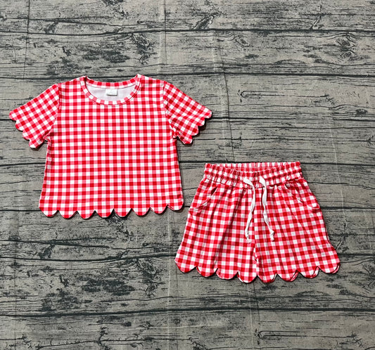 (Pre-order)GSSO3187  Red Plaid Print Girls Summer Clothes Set