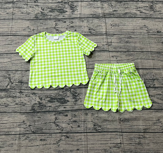 (Pre-order)GSSO3189  Green Plaid Print Girls Summer Clothes Set