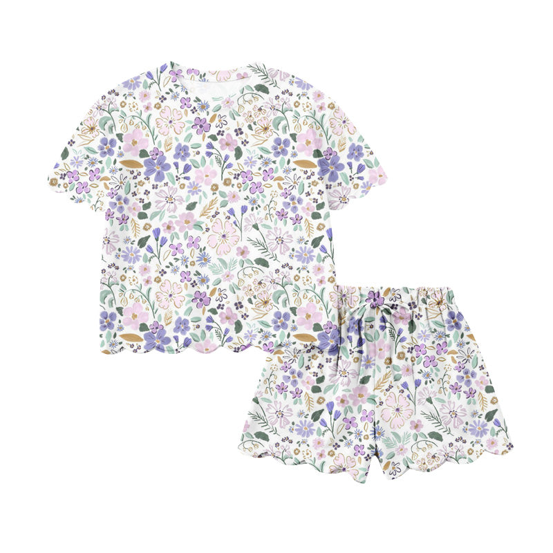 (Custom Design Preorder MOQ 5) Adult Pink Purple Flowers Print Woman Summer Scallop Clothes Set