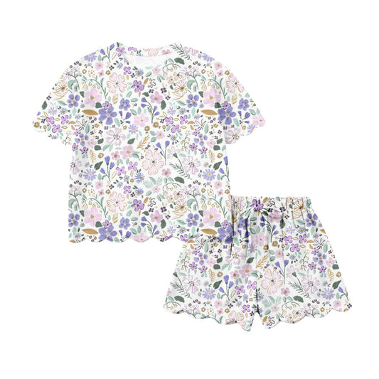 (Custom Design Preorder MOQ 5) Adult Pink Purple Flowers Print Woman Summer Scallop Clothes Set