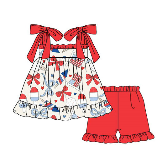 (Pre-order)GSSO3295 Flag Bows Tunic Top Red Shorts Girls 4th of July Clothes Set
