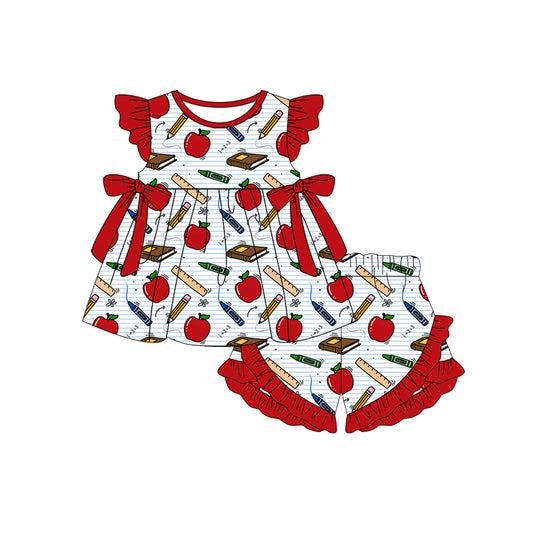 (Pre-order)GSSO3297 Pen Apple Stripes Tunic Top Rffle Shorts Girls Back to School Clothes Set