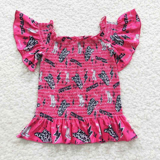 GT0181 Girls off shoulder hot pink western print smocked top