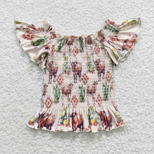 GT0182 Girls off shoulder highland cow print smocked top