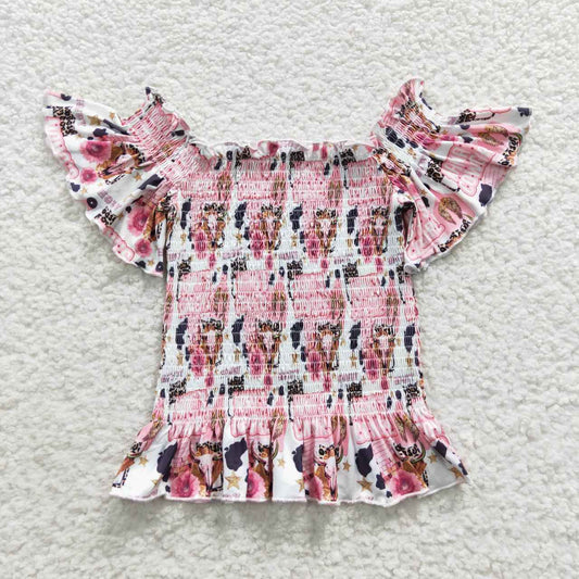 GT0183 Girls off shoulder pink MAMA'S COWGIRL western print smocked top