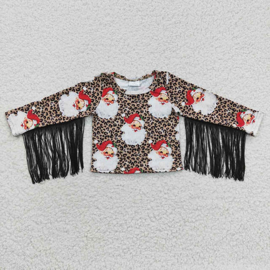 GT0186 Girls long sleeve Santa leopard print tassels Christmas top