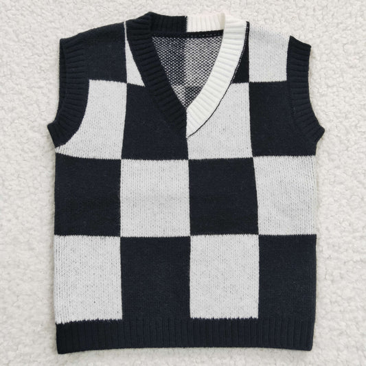 GT0187 Black white gingham vest Wednesday design kids fall sweater