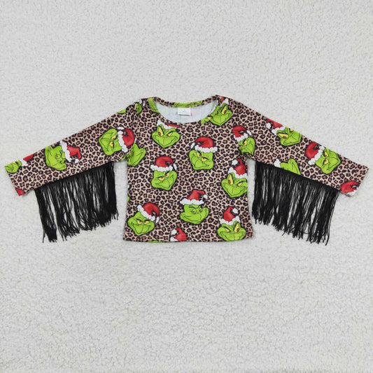 GT0190 Girls long sleeve Christmas frog leopard print tassels top