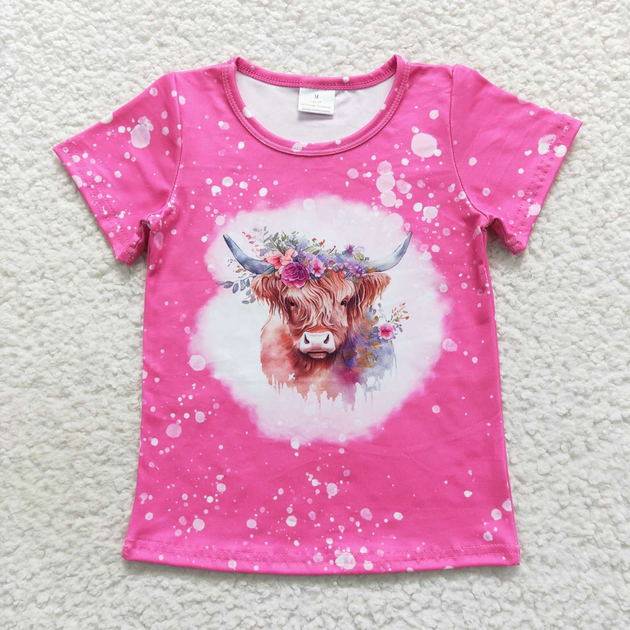 GT0212 Girls highland cow flowers hot pink tee shirts top