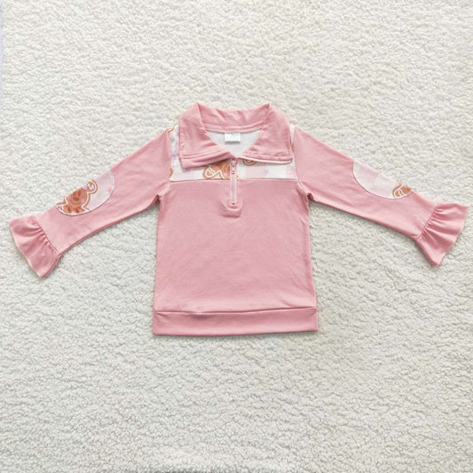 GT0218 Pink gingersnap print girls Christmas zip pullover top