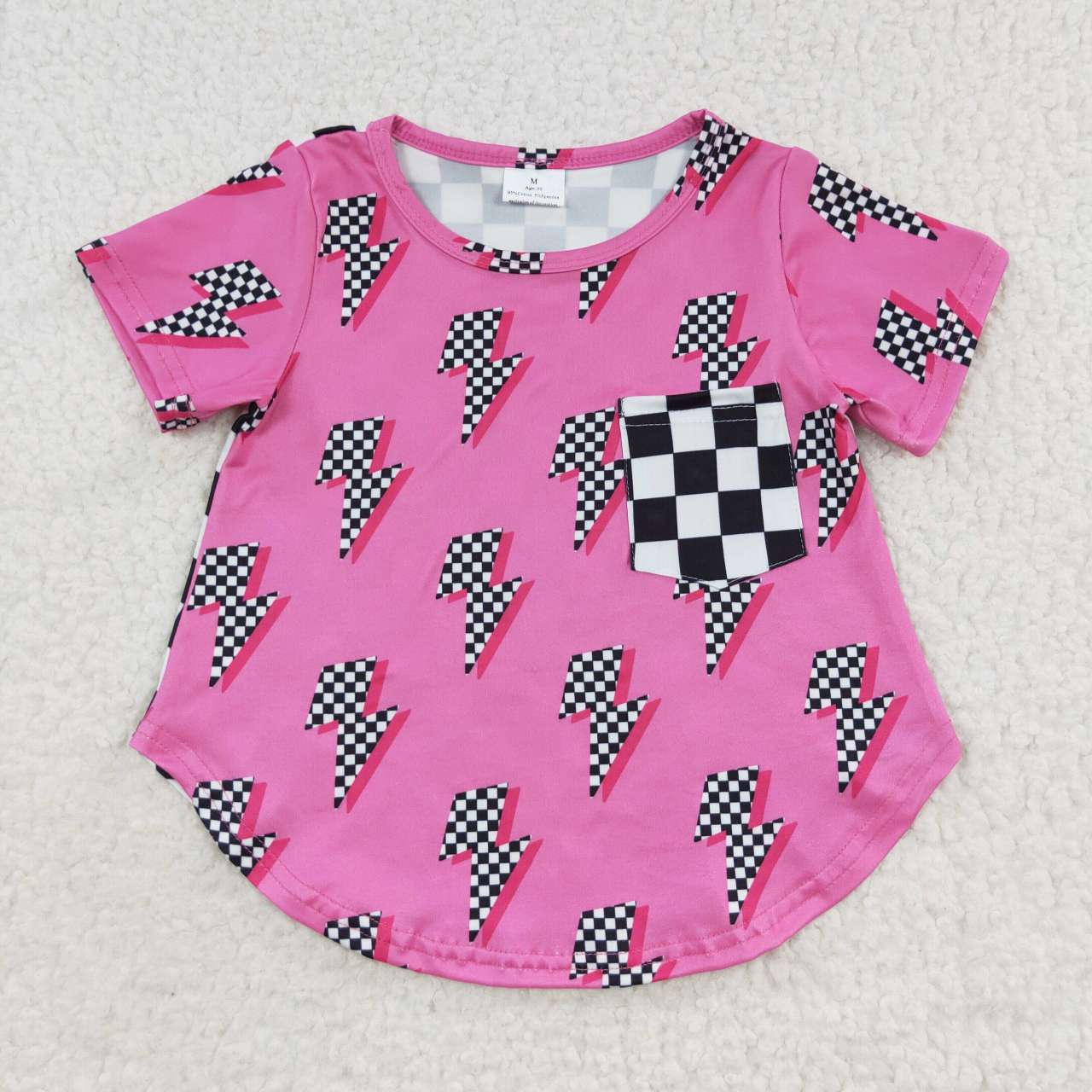 GT0227 Kids black plaid pocket pink Tshirts