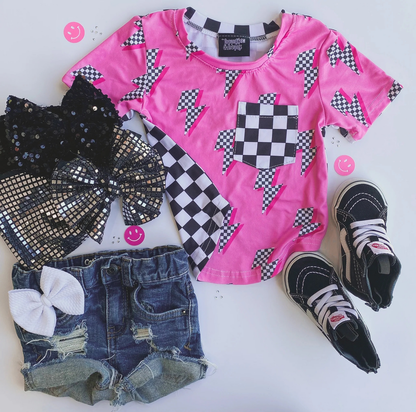 GT0227 Kids black plaid pocket pink Tshirts