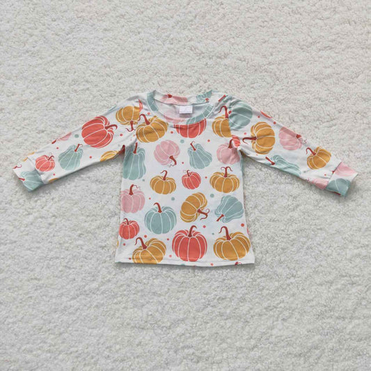 GT0235 Colorful pumpkin print top girls fall long sleeve Tshirts