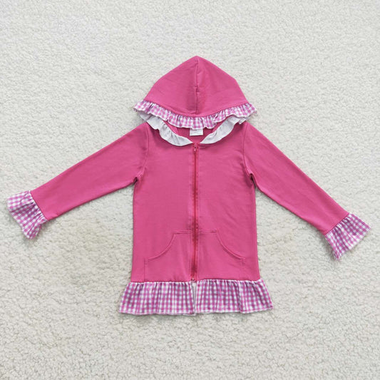 GT0261 Girls hot pink cotton hooded ruffles zipper jackets top
