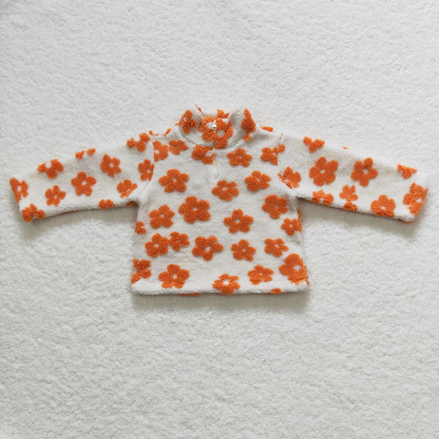 GT0262 Baby girls white orange flowers print zipper winter pullover top Sherpa jacket