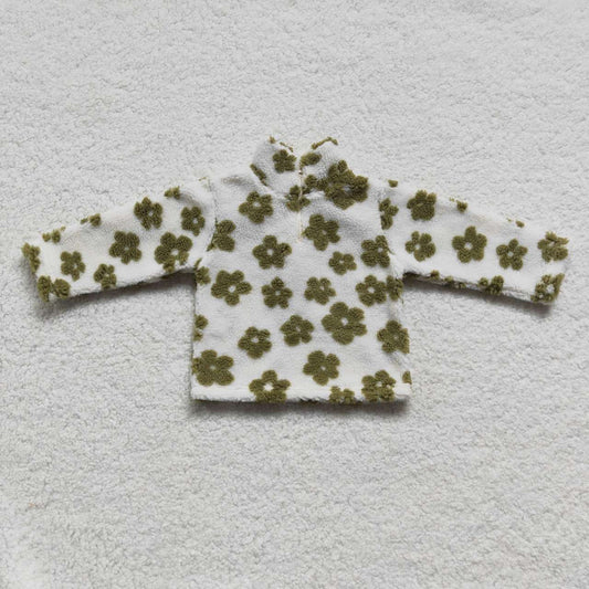 GT0263 Baby girls green flowers print zipper winter pullover top sherpa jacket