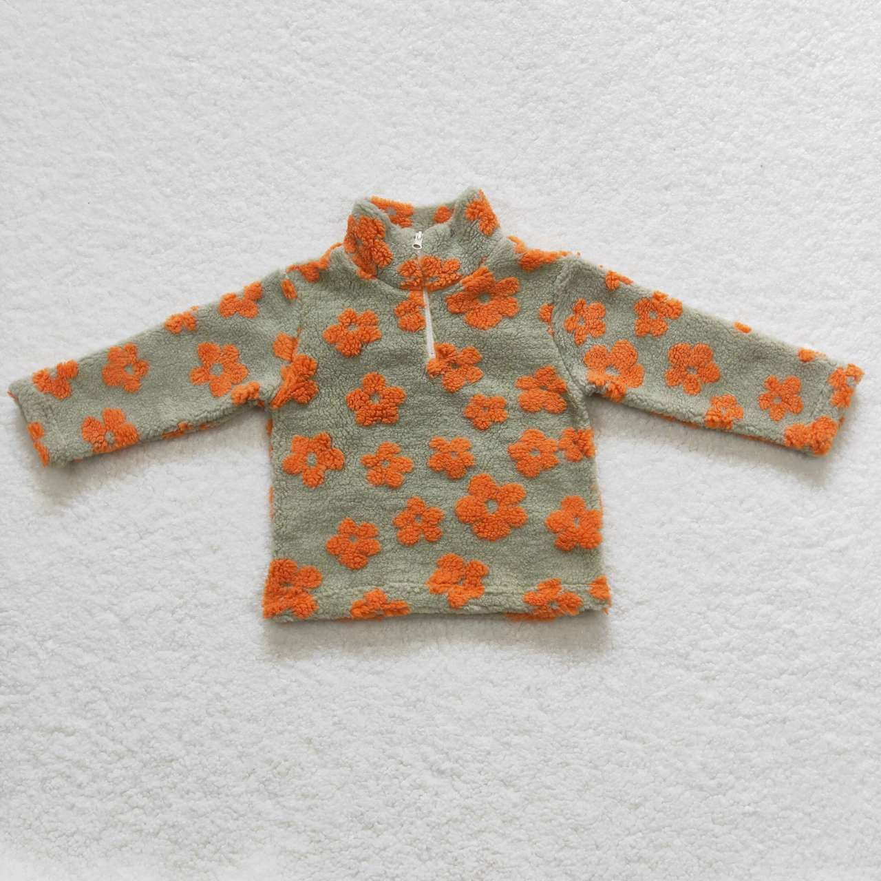 GT0264 Baby girls orange flowers print zipper winter pullover top sherpa jacket
