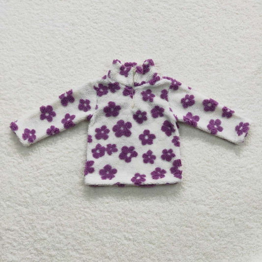 GT0265 Baby girls purple flowers print zipper winter pullover top sherpa jacket