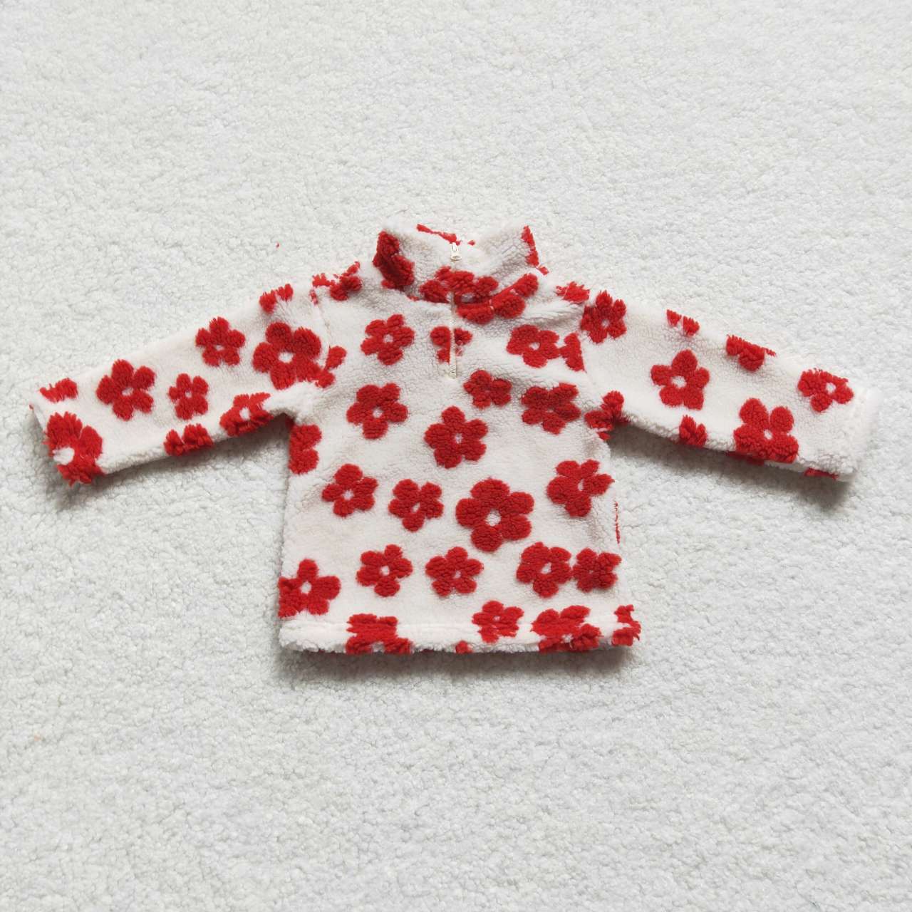 GT0266 Baby girls red flowers print zipper winter pullover top sherpa jacket