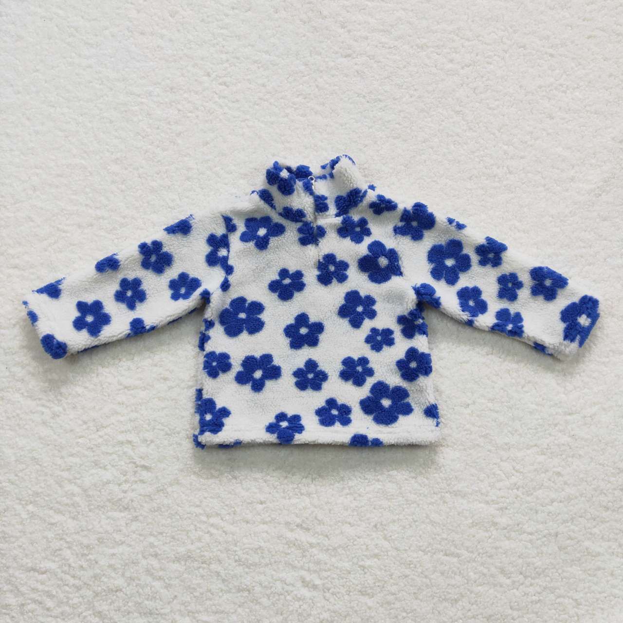 GT0267 Baby girls blue flowers print zipper winter pullover top sherpa jacket