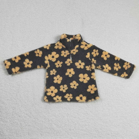 GT0268 Baby girls mustard flowers print zipper winter pullover top sherpa jacket