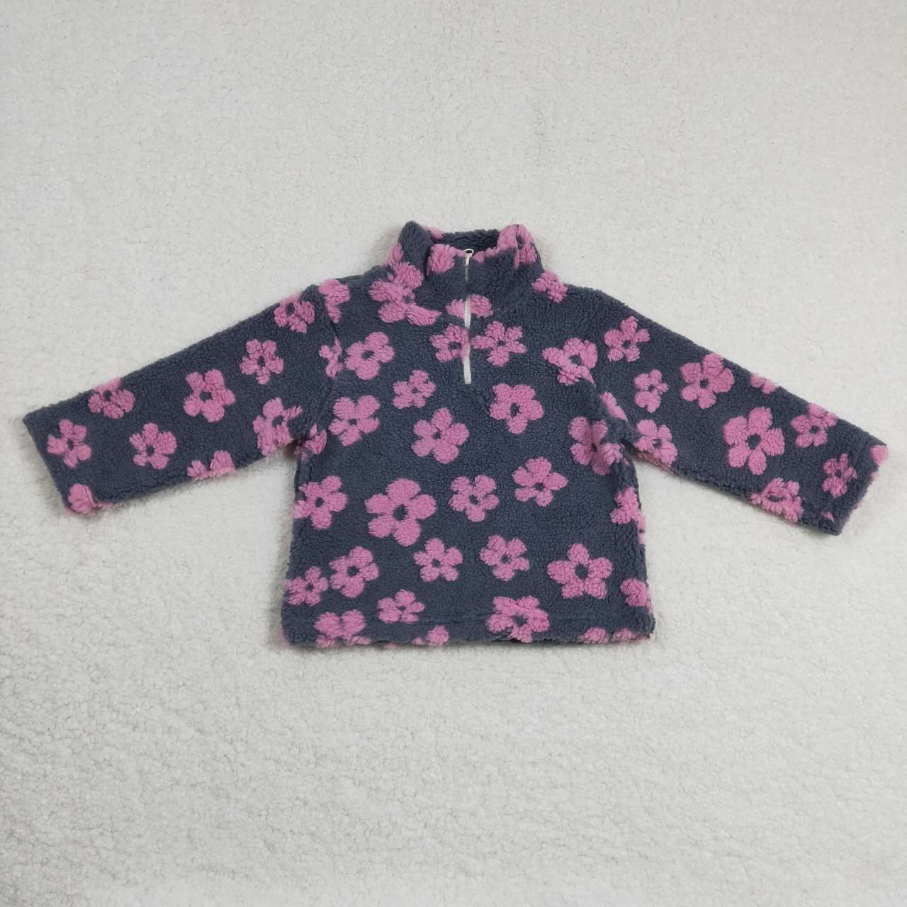 GT0269 Baby girls pink flowers print zipper winter pullover top sherpa jacket