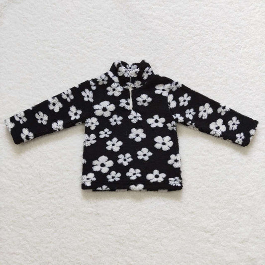 GT0270 Baby girls black white flowers print zipper winter pullover top sherpa jacket