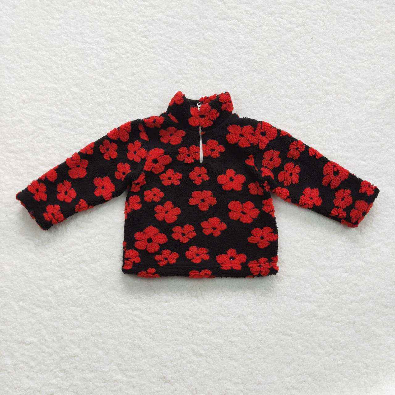 GT0271 Baby girls black red flowers print zipper winter pullover top sherpa jacket