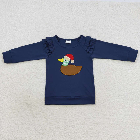 GT0281 Christmas duck embroidery print navy color girls tee shirts top