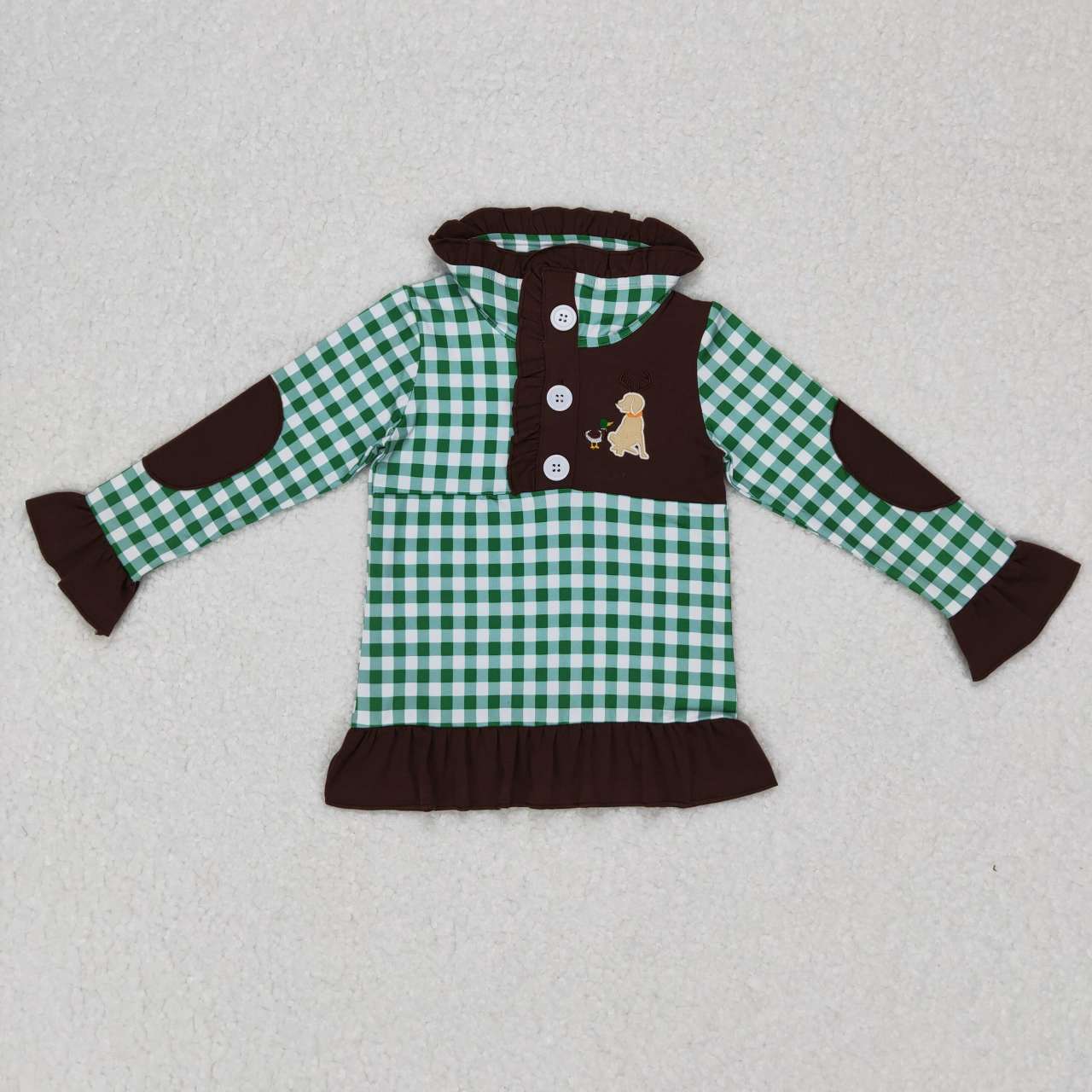 GT0284  Dog Duck Embroidery Green Plaid Print Girls Go Hunting Pullover Button Tee Shirt Top