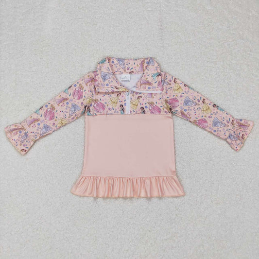 GT0297 Girls cartoon princess pink long sleeve zipper pullover shirts top