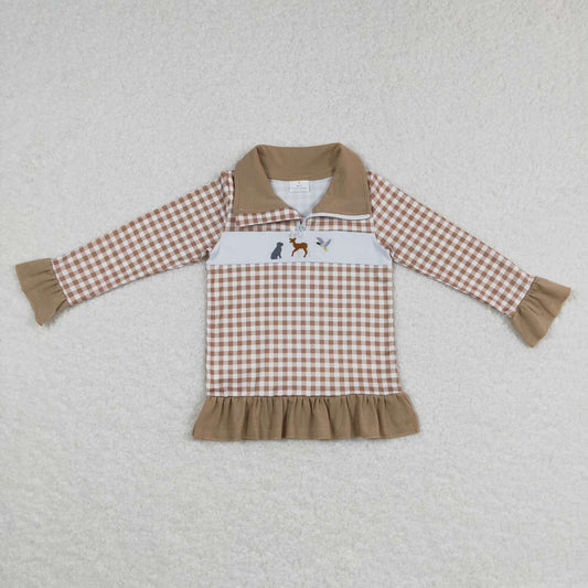 GT0320  Khaki Plaid Dog Dear Duck Embroidery Print Girls Pullover Zipper Tee Shirt Top