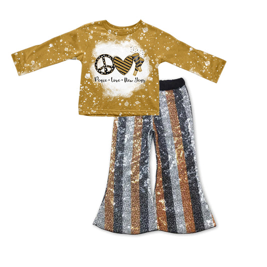(Pre-order) GT0337+P0278 Peace Love New Year Print Top Black Golden Stripes Sequin Bell Pants Girls Clothes Set
