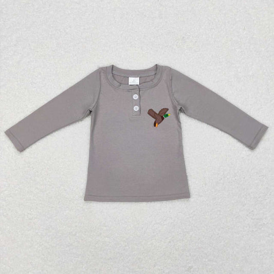 GT0353  Grey Duck Embroidery Kids Buttons Tee Shirt Top