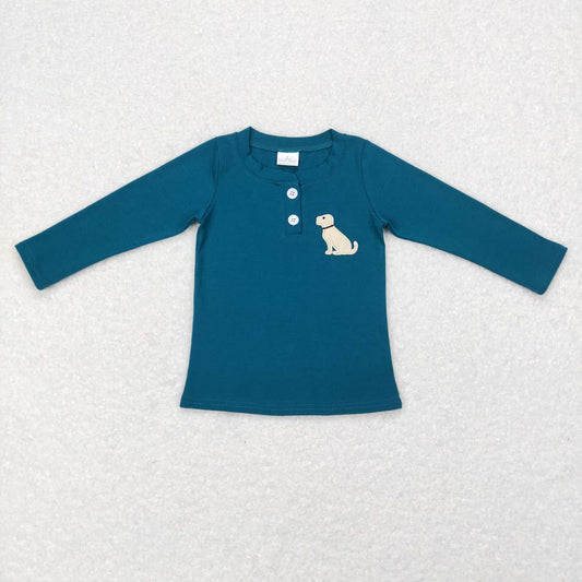 GT0354  Dark Blue Dog Embroidery Girls Buttons Tee Shirt Top