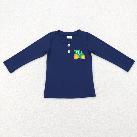 GT0355  Tractors Embroidery Kids Navy Cotton Button Tee Shirt Top