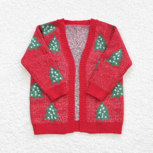 GT0356 Red Christmas Tree Baby Girls Sweater Cardigan