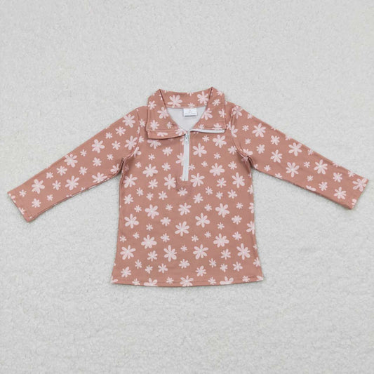 GT0363  Flowers Print Girls Zipper Tee Shirt Top